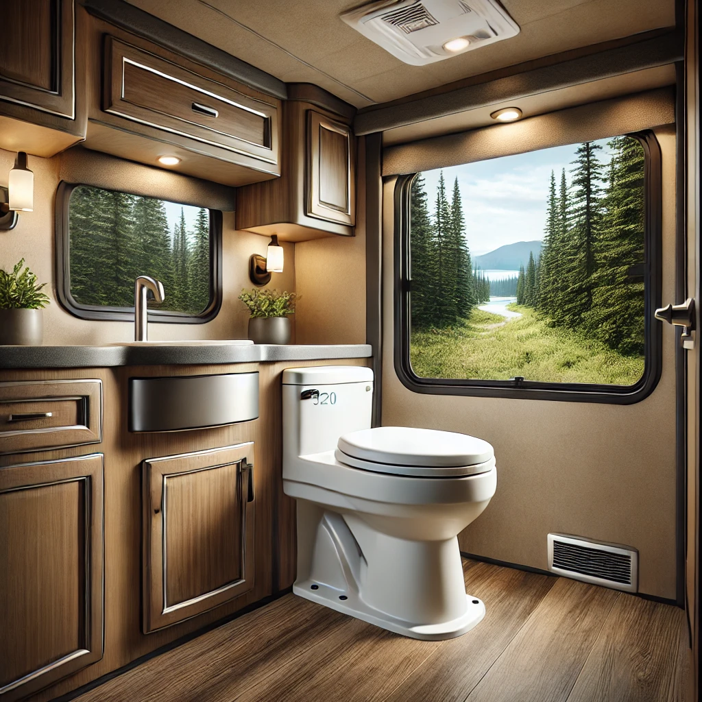 A realistic and detailed image of a luxurious RV bathroom showcasing a high-end Dometic 320 Series Standard Height Elongated RV Toilet