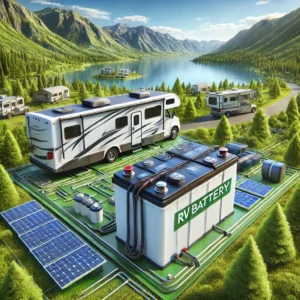 A detailed and realistic image of a high-quality RV battery setup outdoors, with a scenic camping background featuring an RV parked near a lake and mo