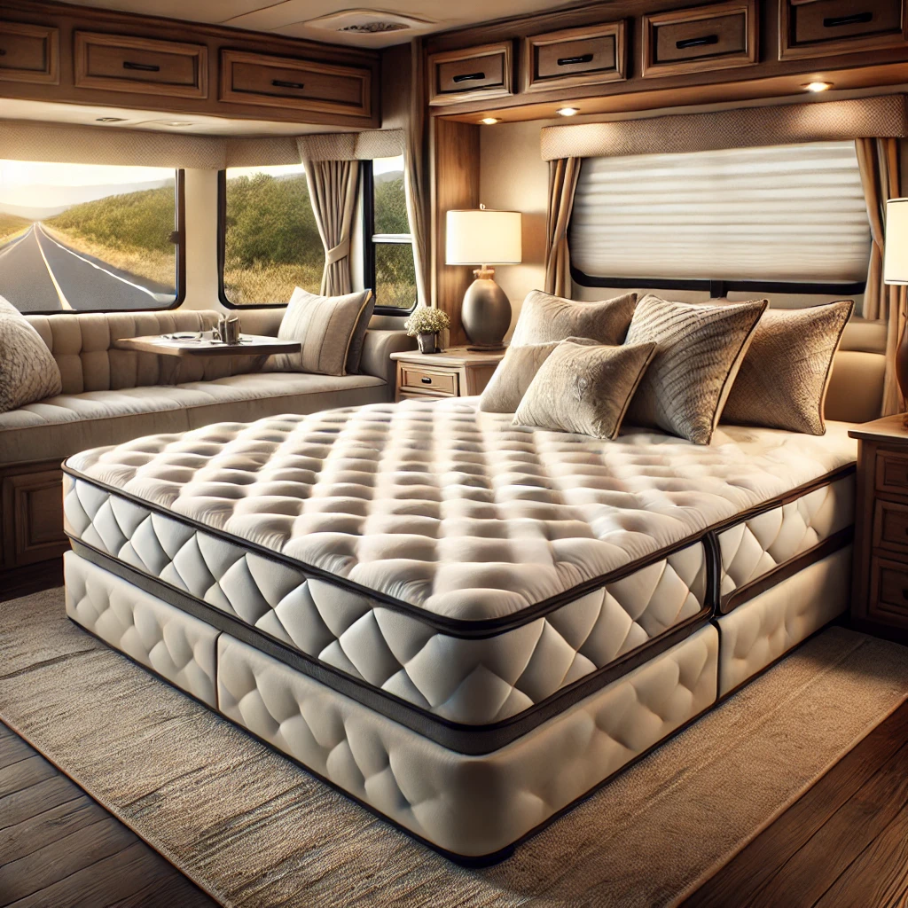 An inviting and comfortable RV bedroom setup with a plush mattress and elegant bedding. The setting includes a modern RV interior with wooden accents,