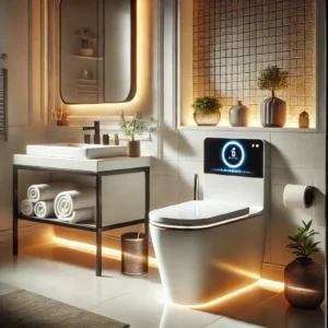 A modern bathroom with a sleek, futuristic smart toilet as the centerpiece. The toilet has a glowing LED panel, a motion-activated lid, and a contempo