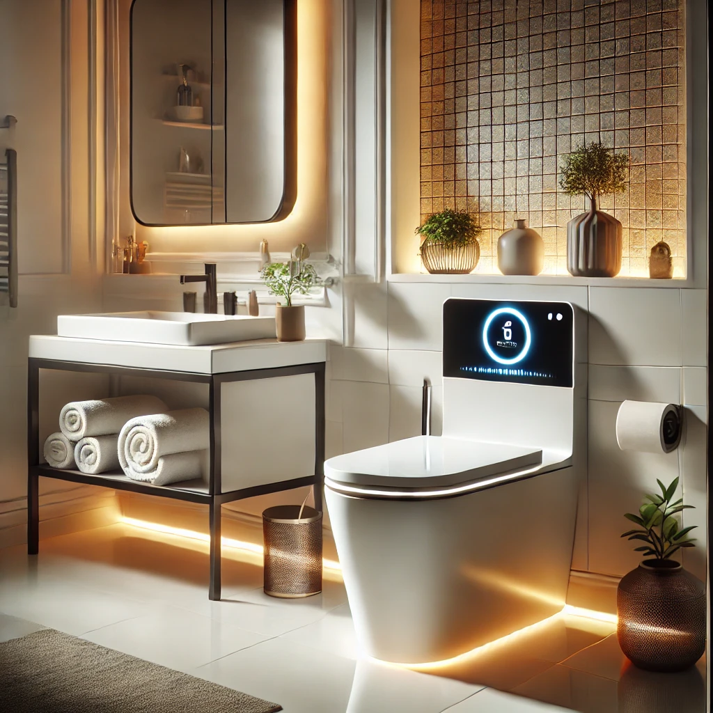 A modern bathroom with a sleek, futuristic smart toilet as the centerpiece. The toilet has a glowing LED panel, a motion-activated lid, and a contempo