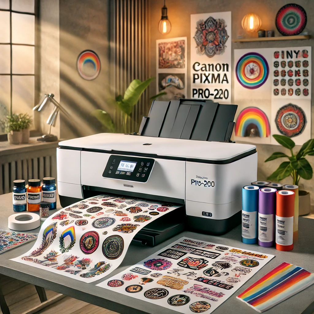 A high-quality image of a professional-grade printer setup for sticker printing. The setup includes a sleek Canon Pixma Pro-200 printer on a modern de