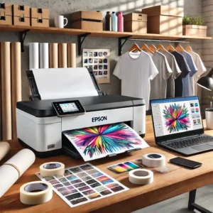 A modern sublimation printer setup in a well-lit, minimalist workspace. The image features a sleek Epson SureColor SC-F570 Pro printer on a wooden des