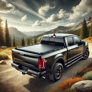 A high-quality image of a modern pickup truck with a sleek black hard-folding tonneau cover installed, parked in a scenic outdoor setting. The truck i