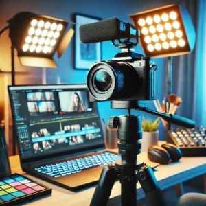 Asleek and modern home studio setup with a high-quality vlogging camera mounted on a tripod, surrounded by soft LED lighting, a laptop with editing s