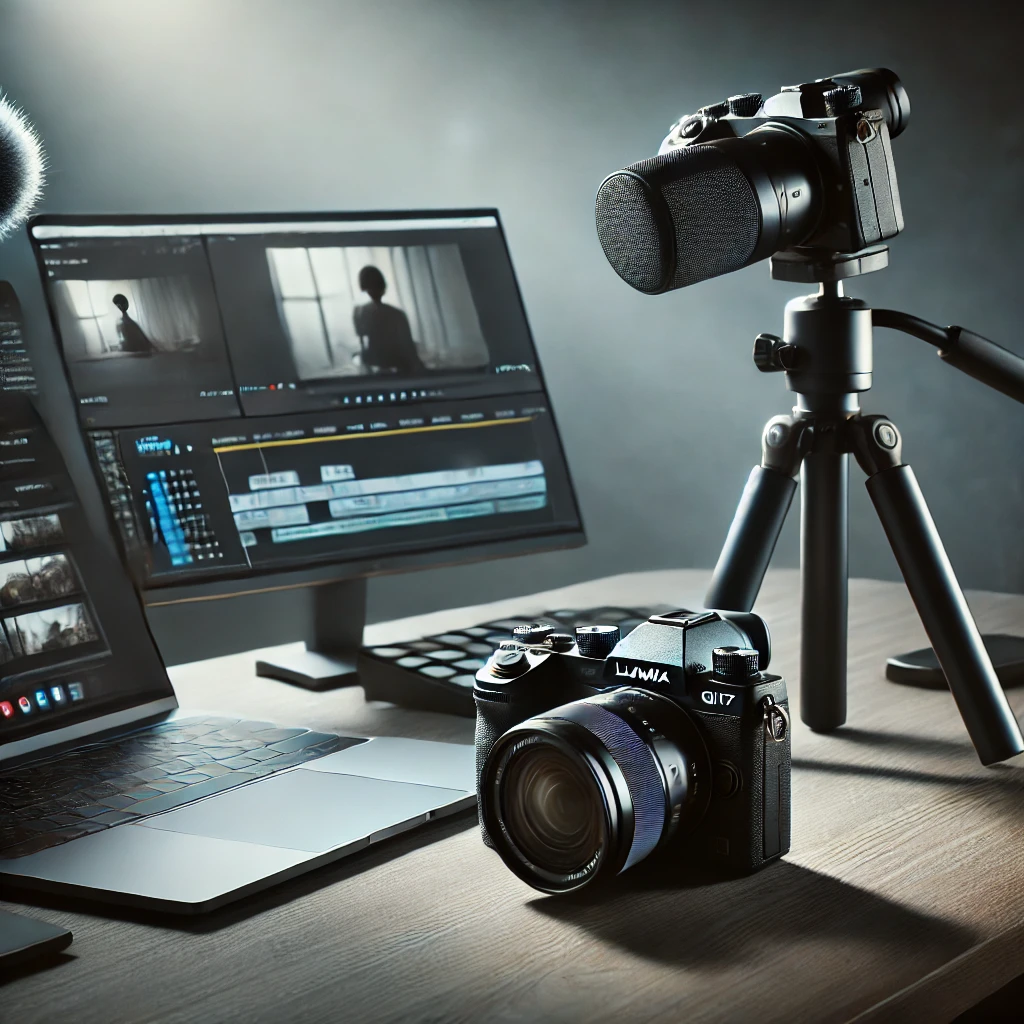 A sleek and modern desk setup featuring a professional camera like the Panasonic Lumix GH7 with accessories such as a tripod, microphone, and a laptop