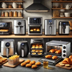 A sleek kitchen countertop featuring an array of air fryer toaster ovens from top brands, such as Cuisinart, Hamilton Beach, Cosori, Breville, Café Co