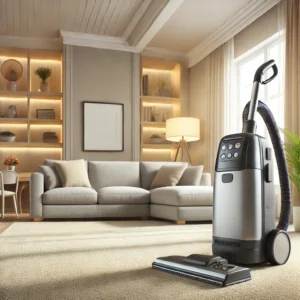 A visually appealing image of a modern living room with a clean, plush carpet, showcasing a high-quality carpet cleaner prominently placed near the co