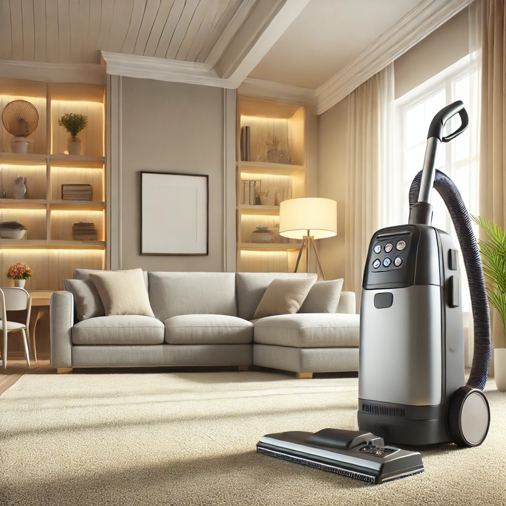 A visually appealing image of a modern living room with a clean, plush carpet, showcasing a high-quality carpet cleaner prominently placed near the co