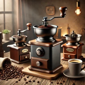 A stylish and modern coffee grinder on a wooden kitchen counter, surrounded by freshly ground coffee, espresso cups, and coffee beans. The scene is we