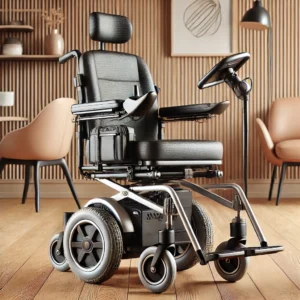 A high-quality, detailed illustration of an electric wheelchair in a modern indoor setting. The wheelchair is sleek and compact, with advanced joystic