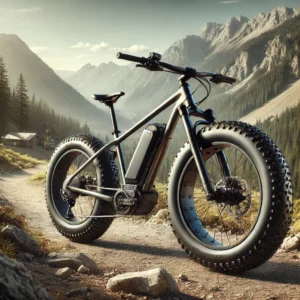 A high-quality, realistic image of a fat tire electric bike designed for all terrains. The bike features large, rugged tires suitable for off-road and