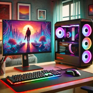 A sleek and modern gaming PC setup under $1,000, featuring an RGB-lit desktop tower, a high-resolution monitor displaying a vibrant game, a gaming key