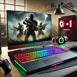 A visually appealing image of a sleek gaming laptop setup in a modern room, showcasing vibrant RGB lighting on the keyboard and a high-resolution game