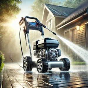 A high-performance gas pressure washer in action, being used to clean a driveway with a powerful water spray. The setting includes a suburban driveway