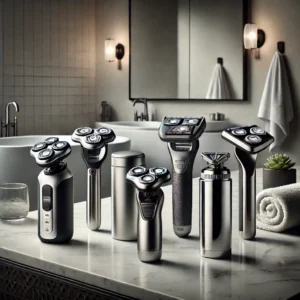 A sleek, modern flat-lay image of the seven best head shavers arranged on a bathroom countertop. Each shaver is distinct, with various designs such as