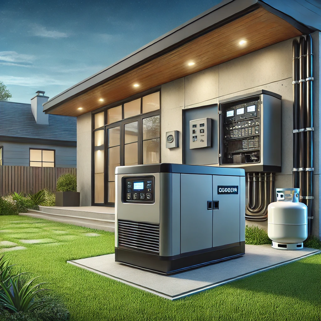 A visually appealing image of a modern home with a backup generator system installed in the backyard. The generator is sleek, compact, and connected t