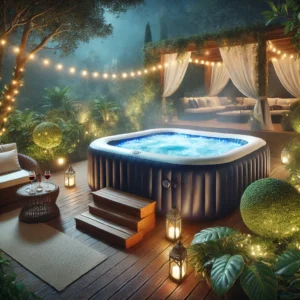 A luxurious backyard setting with the best inflatable hot tub placed on a wooden deck. The hot tub is surrounded by ambient LED lights, lush greenery,