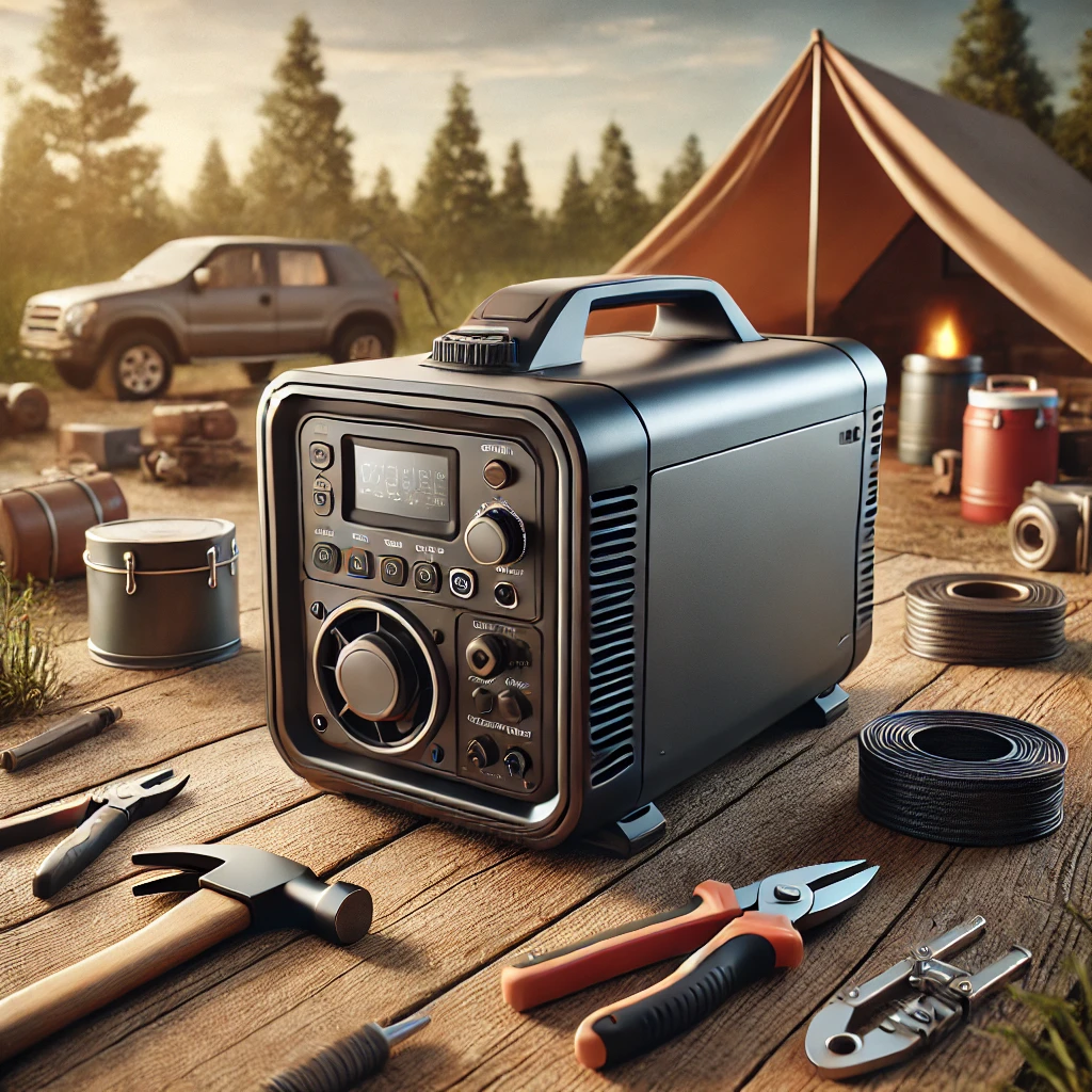 A detailed and realistic depiction of a portable inverter generator, set outdoors during a sunny day, surrounded by camping gear like a tent and foldi