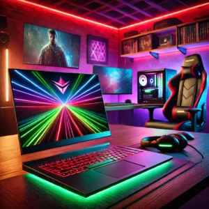 A visually appealing image showcasing a sleek gaming laptop on a modern desk setup, illuminated by vibrant RGB lighting. The background features a coz