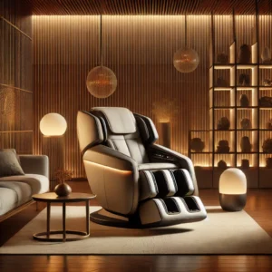 A luxurious modern living room featuring a state-of-the-art massage chair with sleek design, surrounded by cozy decor including soft lighting, a styli