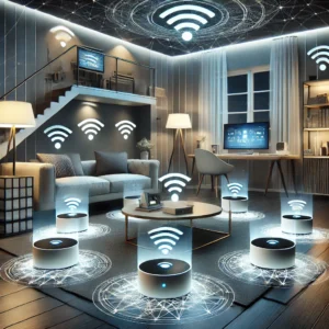 A detailed, modern illustration of a sleek and stylish home setup with a mesh Wi-Fi network system. The image features a contemporary living room with