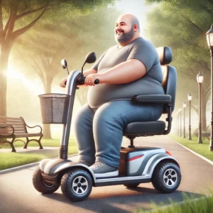 A realistic illustration of a heavy adult using a modern mobility scooter in an outdoor park setting. The person is smiling and enjoying the ride, wit