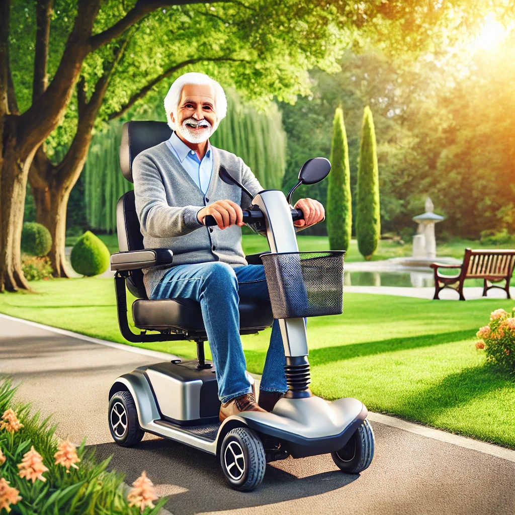 An elderly person riding a sleek, modern mobility scooter in a serene park setting. The individual is smiling and enjoying the ride on a smooth pathwa