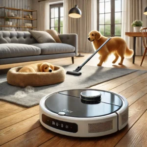 A high-quality digital illustration of a modern robot vacuum designed specifically for pet hair cleaning, operating in a stylish living room with wood