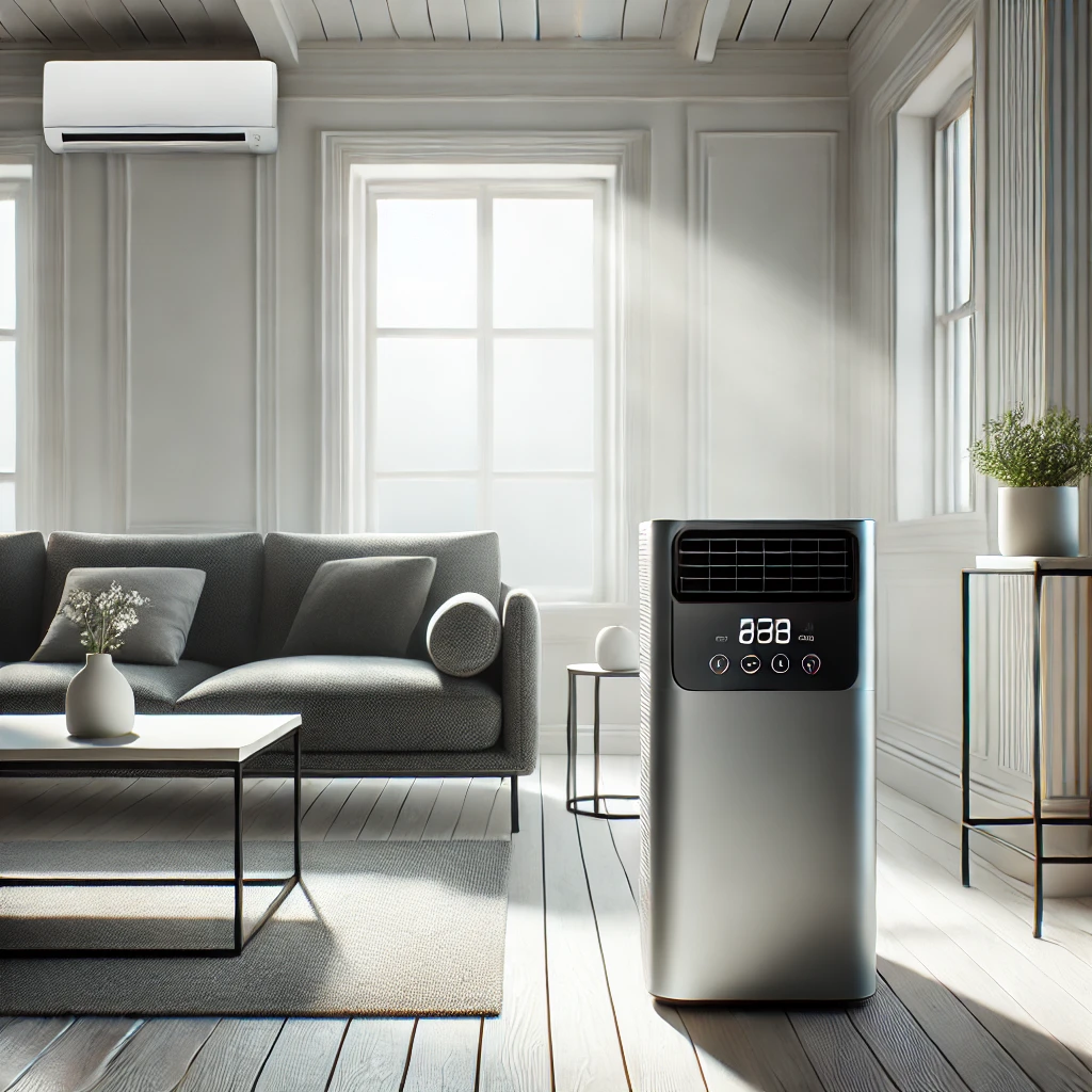 A sleek, modern portable air conditioner placed in a well-lit, minimalist living room setting. The unit has a compact design with digital controls on