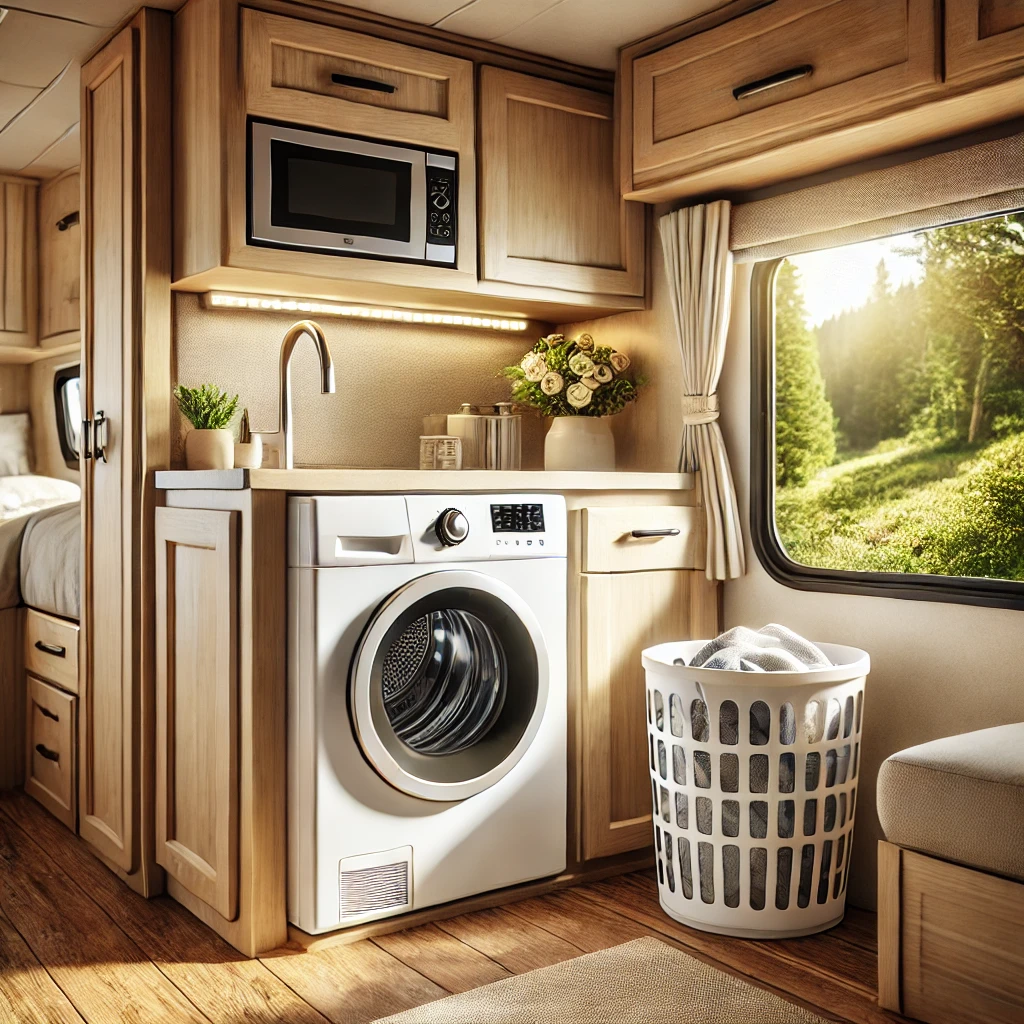 A cozy interior of an RV equipped with a compact and modern washer-dryer combo. The scene features the washer-dryer unit integrated neatly