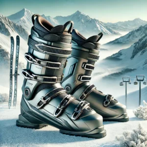 A pair of high-performance ski boots designed for 2025, displayed on a snowy alpine background. The boots feature a sleek, modern design with a mix of