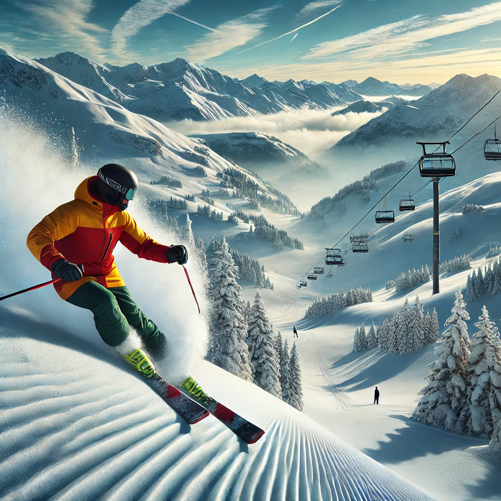 A visually stunning image of a skier gracefully navigating through powder snow on a picturesque mountain. The skier is equipped with modern all-mountain skis