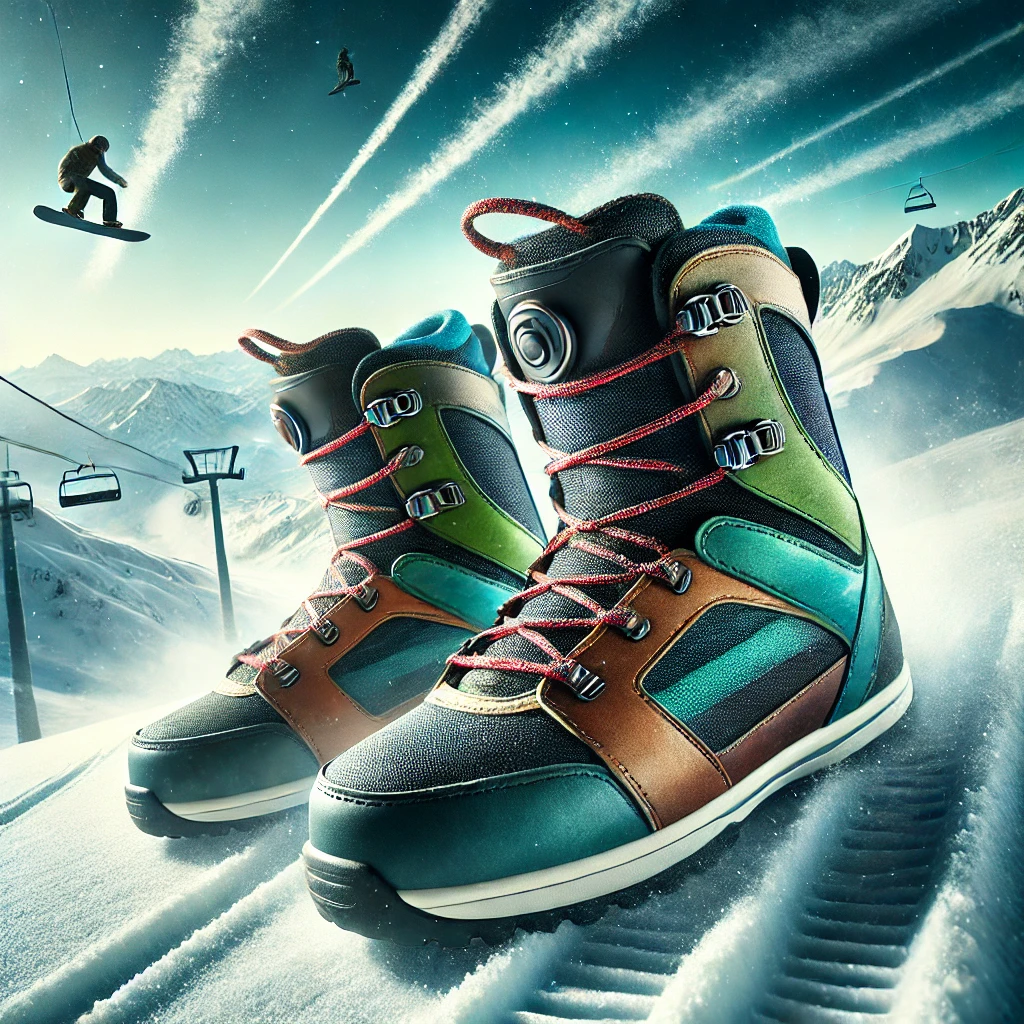 A visually engaging image of a winter snowboarding scene, featuring a pair of premium snowboard boots prominently displayed on a snowy slope. The boot