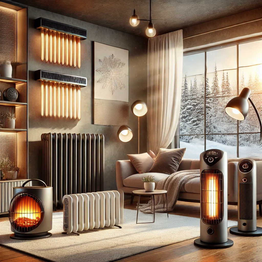 A visually appealing image featuring various modern space heaters in a cozy living room setting with a wintery background visible through a large wind