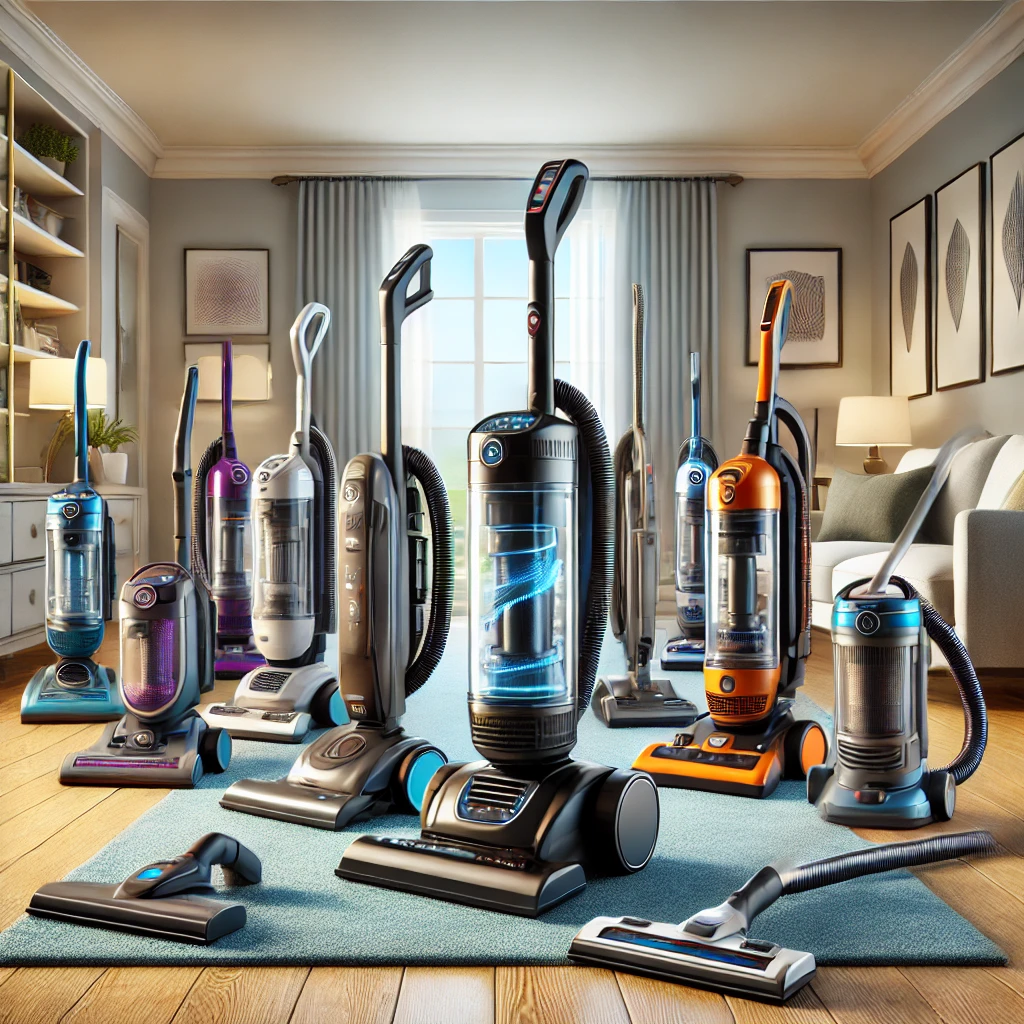 A modern, clean depiction of a variety of upright vacuum cleaners displayed in a home setting. The scene includes several vacuum models like the Shark