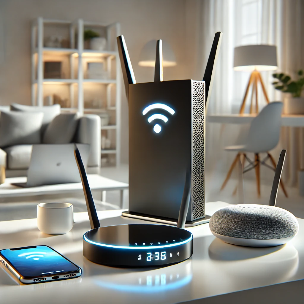 A sleek and modern Wi-Fi 6 router setup on a minimalist desk with a glowing indicator, surrounded by a clean and bright home environment. The scene in