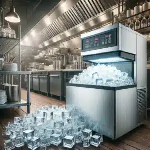 A professional commercial kitchen setup featuring a high-capacity ice maker producing fresh ice cubes. The setting includes stainless steel countertop