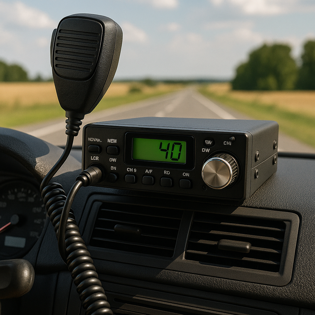 A CB radio mounted on a vehicle dashboard with a handheld microphone attached, displaying channel 40 on its green digital screen while the open road stretches ahead through the windshield.