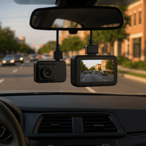 Inside a modern car, two dash cams are mounted on the windshield, one recording the road ahead and the other displaying a rear traffic view on its screen, highlighting front and rear coverage for driving safety.