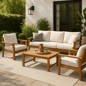 A modern outdoor patio featuring a wooden furniture set with cream cushions, a matching coffee table, and a light rug, surrounded by greenery and potted plants in a cozy, stylish setting.