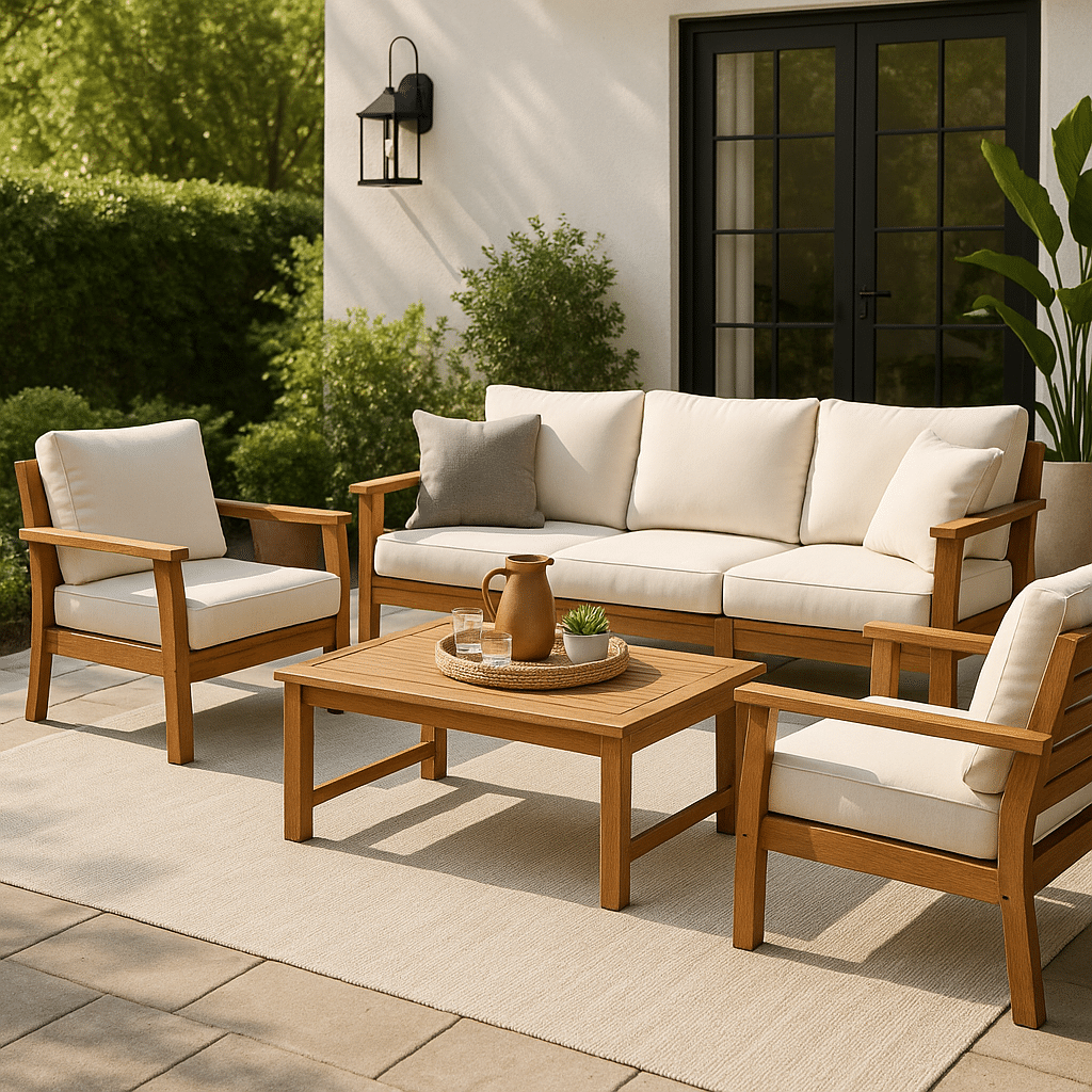 A modern outdoor patio featuring a wooden furniture set with cream cushions, a matching coffee table, and a light rug, surrounded by greenery and potted plants in a cozy, stylish setting.