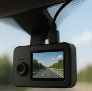 A modern dash cam with a sleek black design mounted on a car windshield, showing a live recording of a highway lined with trees under a clear blue sky on its display screen.