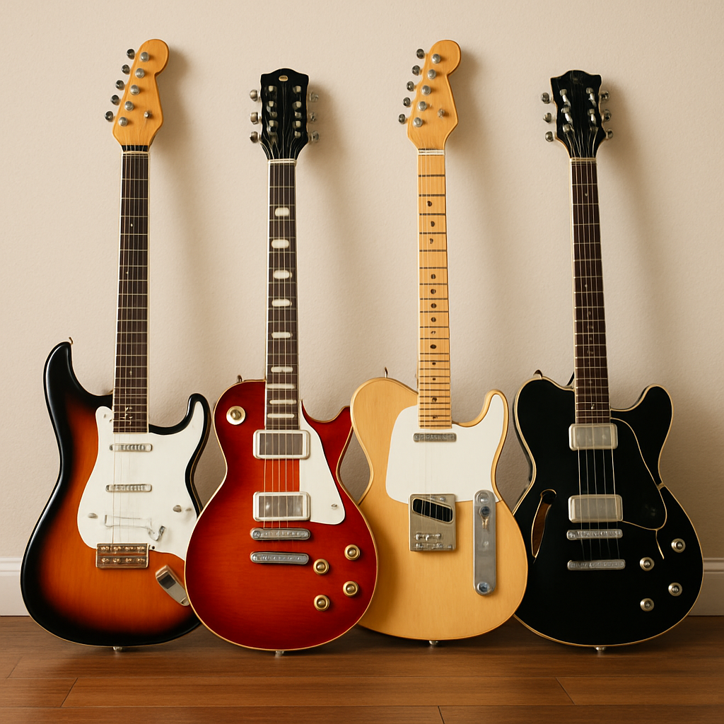 Four electric guitars on wooden floor