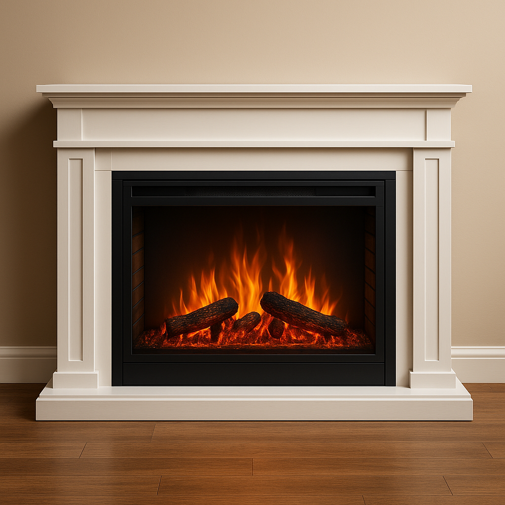 A modern electric fireplace with a white mantel and realistic glowing flames, set against a beige wall with wooden flooring, creating a warm and cozy atmosphere
