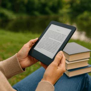 A person holding a sleek black eReader outdoors, reading digital text near a lake with a stack of books on their lap, creating a peaceful and modern reading atmosphere.