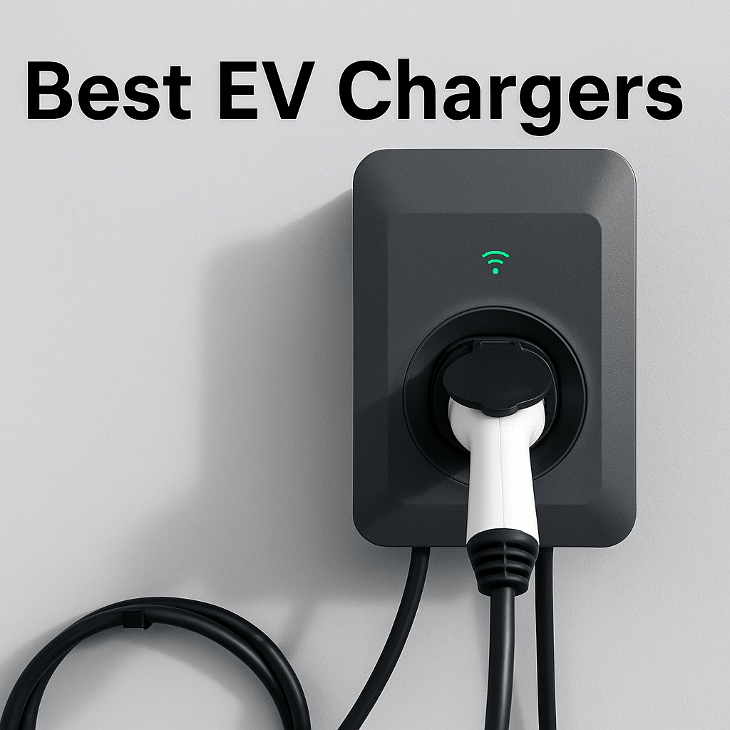 Close-up of a modern electric vehicle charger mounted on a wall with a charging cable, representing the best EV chargers for home and garage use.