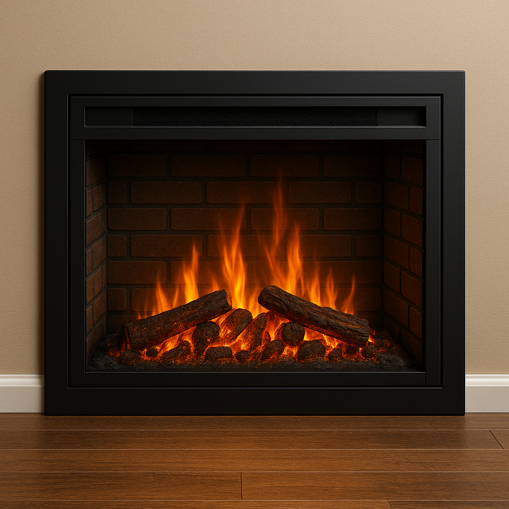 Modern electric fireplace with glowing logs