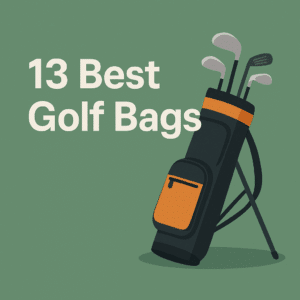 Illustration of a black and orange golf bag with clubs, standing on a green background next to the text ‘13 Best Golf Bags