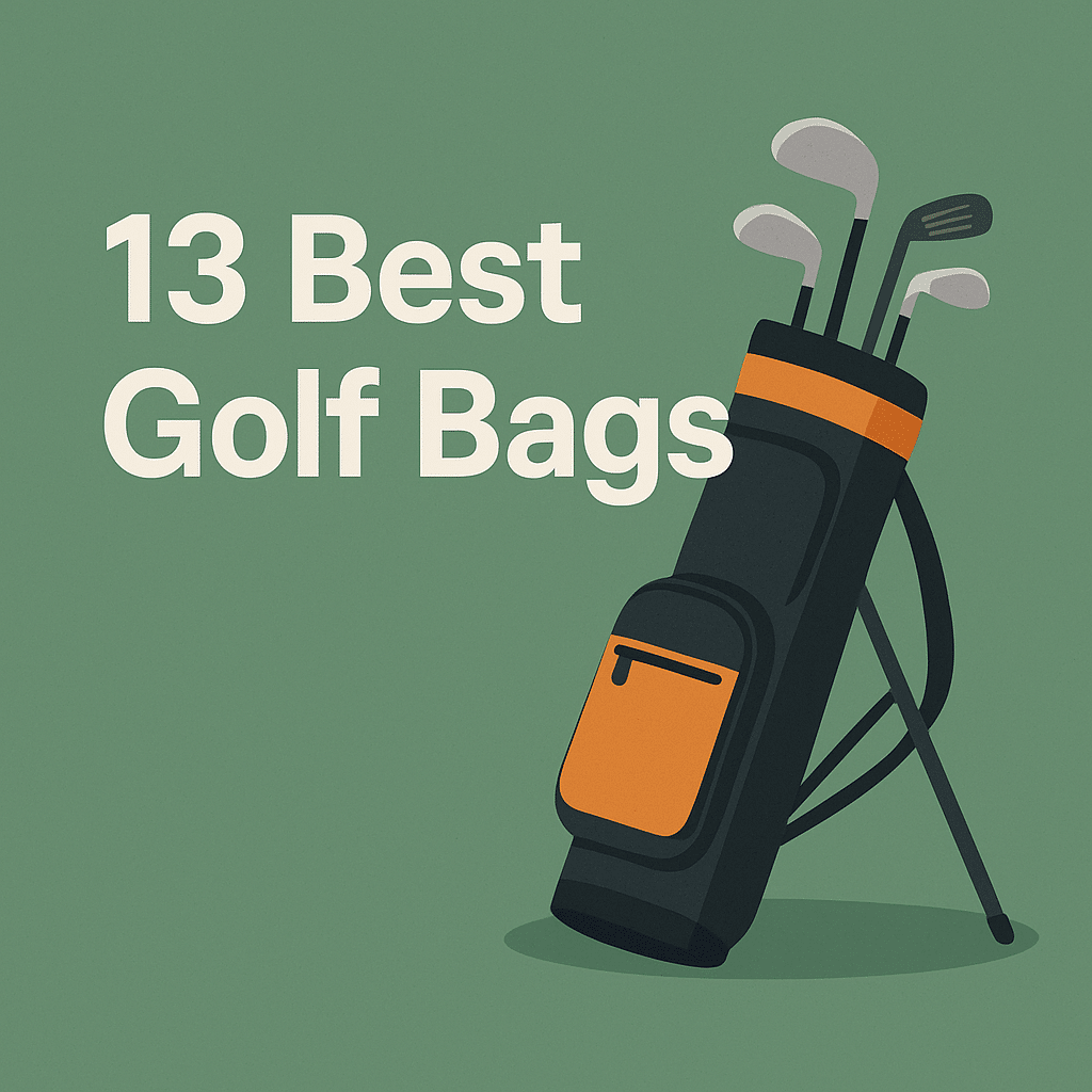 Illustration of a black and orange golf bag with clubs, standing on a green background next to the text ‘13 Best Golf Bags